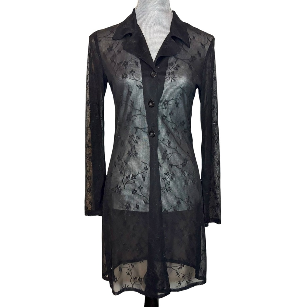 Vintage Sheer Black Floral Mesh Sparkle Duster Top with Bell Sleeves | XS/S